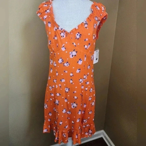Free People Like a Lady Orange Citrus Floral Mini Dress Lace Up Back S NWT - Picture 6 of 16